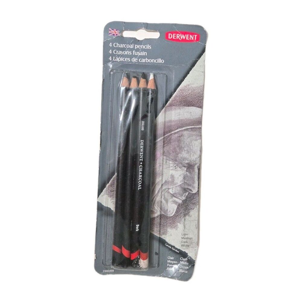 Derwent Charcoal Pencils Pack 4 Count 39000 Light - Medium - Dark - White